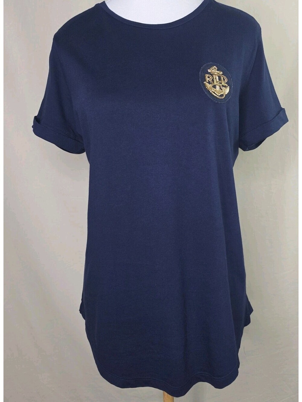 Lauren Ralph Lauren Navy Blue Crest T-Shirt Gold Embroidered Anchor RLL...
